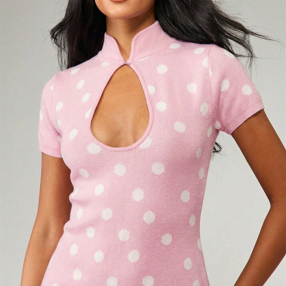 Pink Casual Women's Polka Dot Bodycon Sweater Mini Dress - Picture 3 of 6